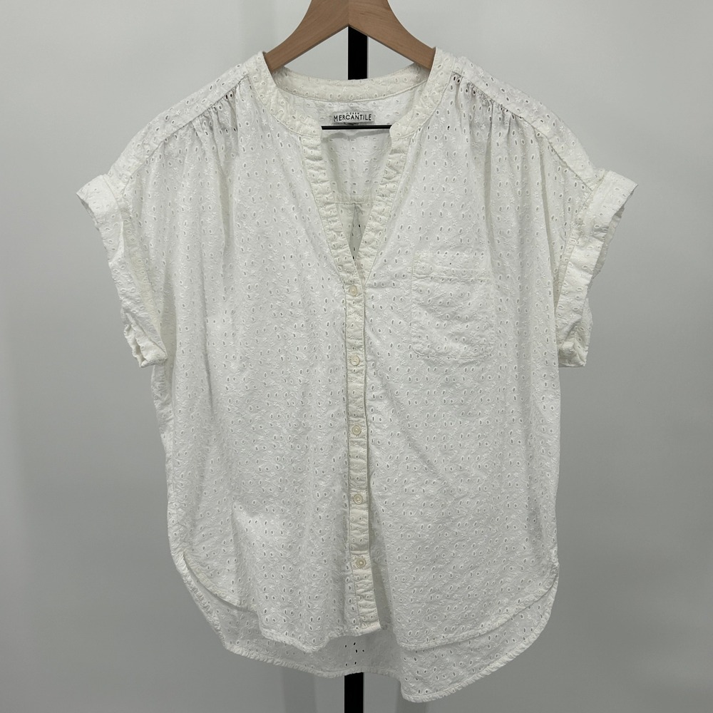 J.Crew Mercantile Eyelet Lace Button Front Cap Sleeve Blouse White Medium